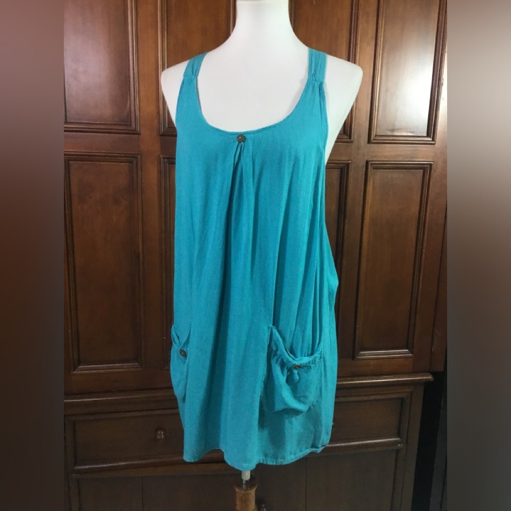Women’s Loose Swing Tank Tunic Pocketed Light Teal Blue Swing Size Med Racerback